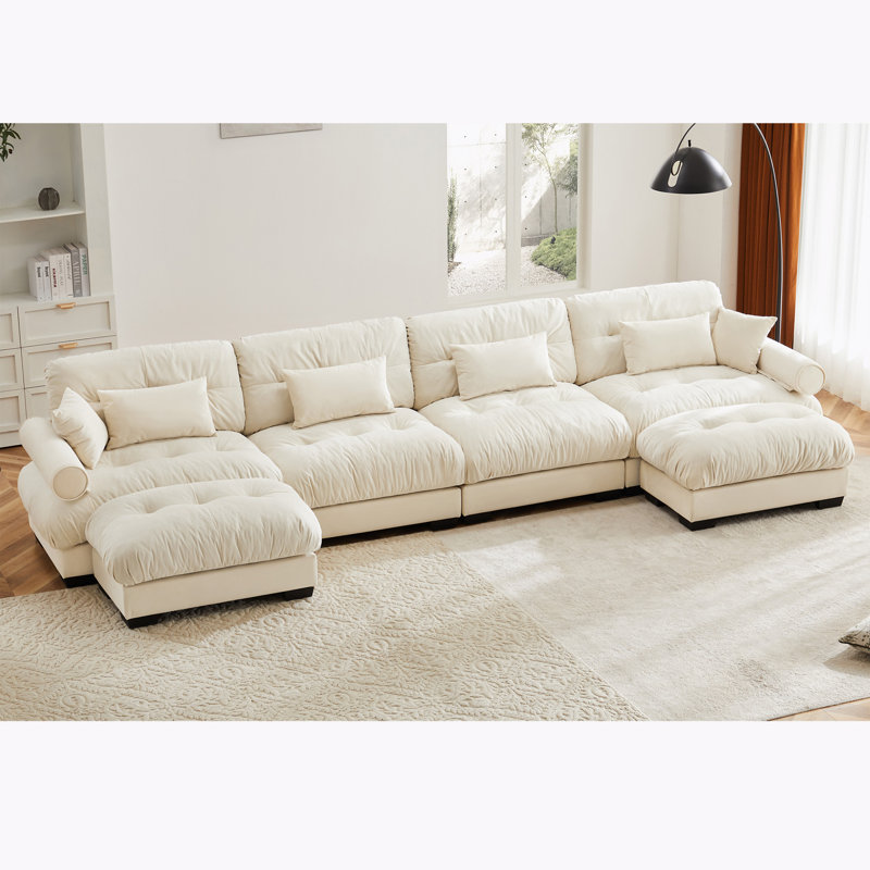 Velvet 4 Seater Sofa with Ottoman Waist Pillows and Throw Pillows Everly Quinn Upholstery Color Cream